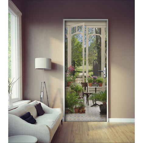 Sticker porte, trompe l'oeil jardin d'hiver, pièce ancienne avec accès sur le jardin, 204 cm X 73 cm