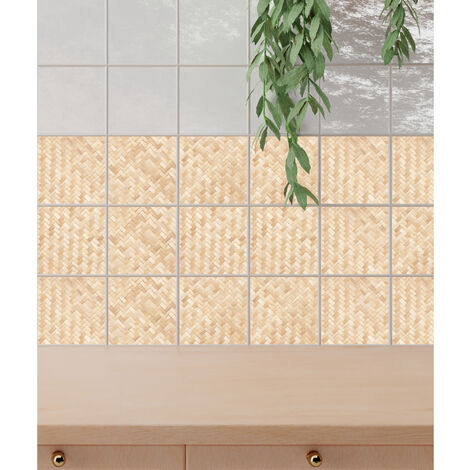 Sticker adhésif décoratif cannage chevron x9 – Dimensions 10 cm x 10 cm – Pour carrelage et bois – Pose rapide et repositionnable – Plage (1/5)