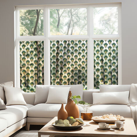 Stickers décoratifs électrostatique, motif art-deco vert effet vitrail raccordable pour sublimer la lumière, 200 cm X 45 cm