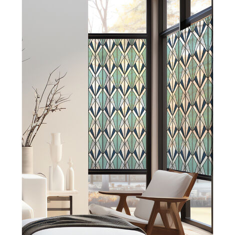 Stickers décoratifs électrostatique, motif graphique bleu et vert effet vitrail, raccordable, 200 cm X 45 cm