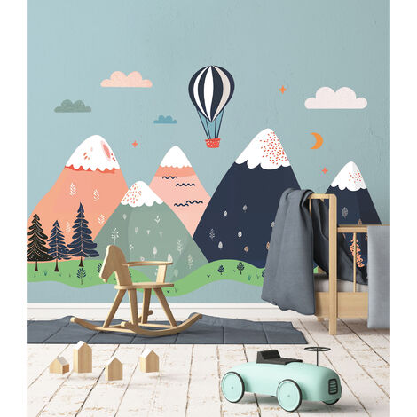 Grand Décor Panoramique Découpé, Chambre Enfant Déco, Paysage de Montagne, Montgolfière (1/5)