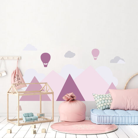 Grand Décor Panoramique Découpé, Décoration Chambre Bébé, Rose, Montagne, Montgolfière (1/5)