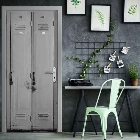 Sticker porte, trompe l'oeil armoire industrielle métallique gris aspect vieilli, 204 cm X 60 cm