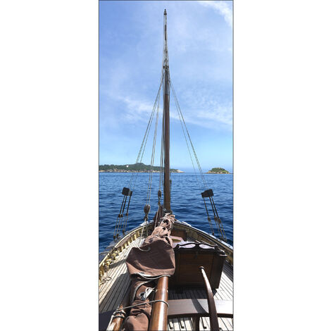 Sticker porte, vue d'un vieux navire typique sur l'océan calme et bleu marine, 204 cm X 73 cm