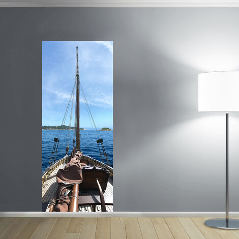 Sticker porte, vue d'un vieux navire typique sur l'océan calme et bleu marine, 204 cm X 73 cm