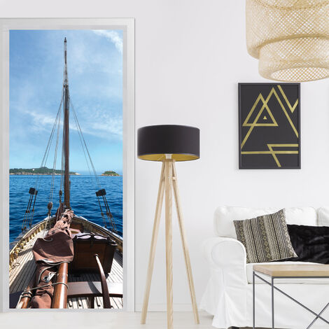Sticker porte, vue d'un vieux navire typique sur l'océan calme et bleu marine, 204 cm X 73 cm