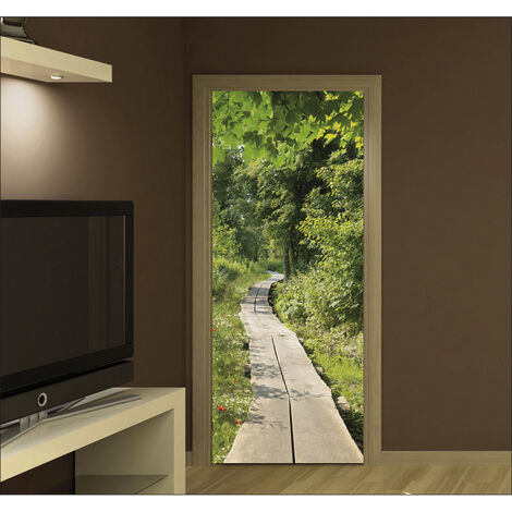 Sticker porte, trompe l'oeil ballade en forêt passerelle en bois verdure et fleurs, 204 cm X 73 cm (1/2)