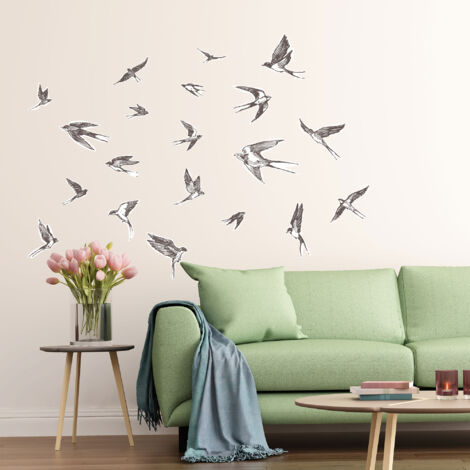 Sticker décoratif, Oiseaux hirondelles dessinées à la main couleur noir sur fond blanc, 68 cm X 24 cm (1/3)