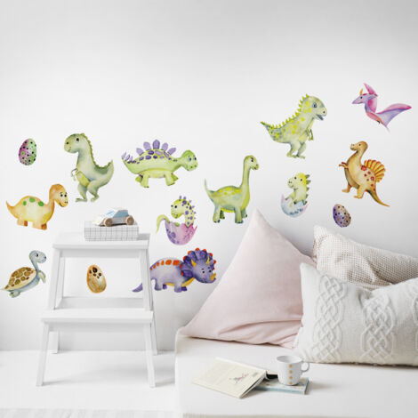 Sticker décoratif, stickers enfant dinosaures rigolos et joyeux dans un style aquarel, 68 cm X 24 cm (1/3)