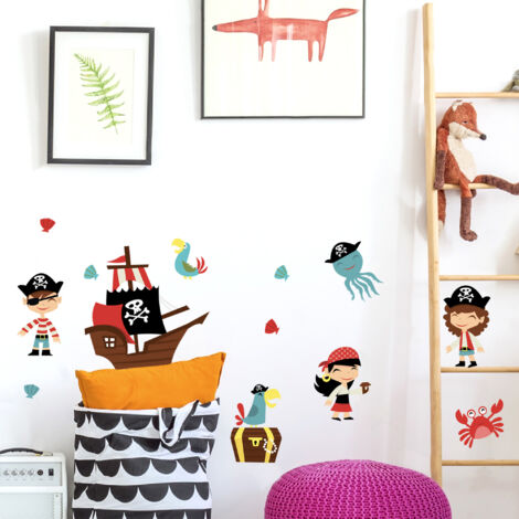 Sticker décoratif, illustration de pirates rigolos avec animaux de la mer déco enfant, 68 cm X 48 cm (1/5)
