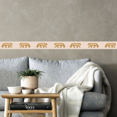 Frise décorative adhésive, léopards jaune sable sur fond beige, animaux, 9 cm X 300 cm (1/5)