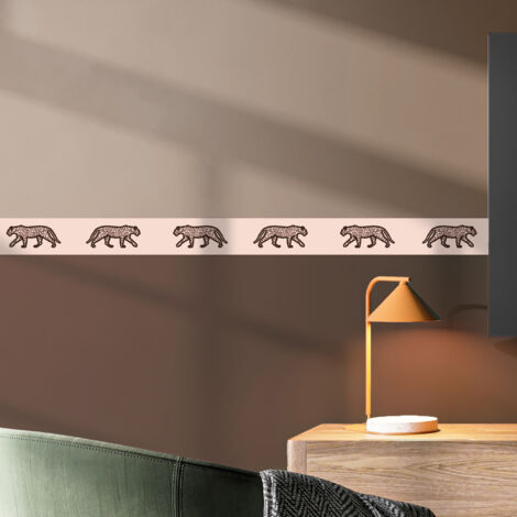 Frise décorative adhésive, léopards marron foncé sur fond beige, animaux, 9 cm X 300 cm (1/5)