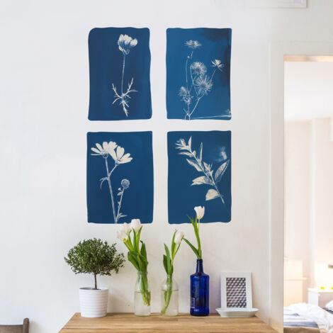 Sticker décoratif, herbier, plantes, fleurs, bleu, 68 cm X 48 cm (1/5)