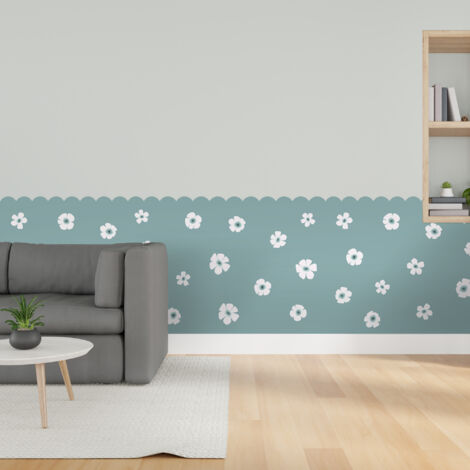 Papier peint découpé préencollé, soubassement, festonné, fleuri, bleu, festons, fleurs, raccordable, 83 cm X 195 cm (1/5)