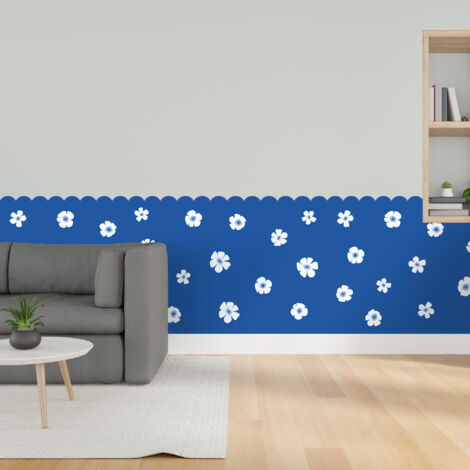 Papier peint découpé préencollé, soubassement, festonné, fleuri, bleu électrique, fleurs, raccordable, 83 cm X 195 cm (1/5)