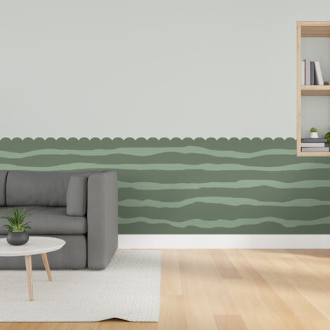 Papier peint découpé préencollé, soubassement, festonné, vert olive, vagues bicolores, raccordable, 83 cm X 195 cm (1/5)