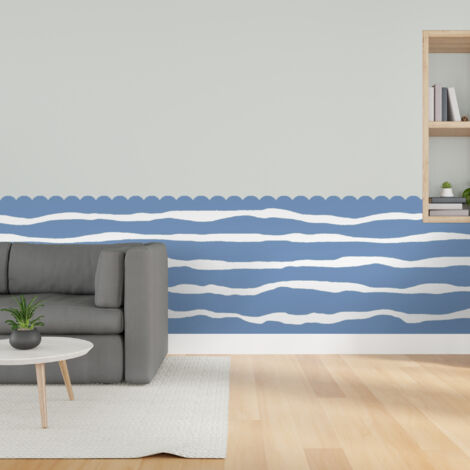Papier peint découpé préencollé, soubassement, festonné, bleu, vagues, raccordable, 83 cm X 195 cm (1/5)