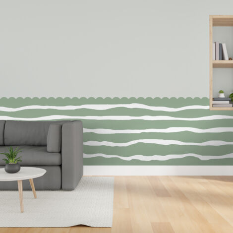 Papier peint découpé préencollé, soubassement, festonné, vert olive, vagues, raccordable, 83 cm X 195 cm (1/5)