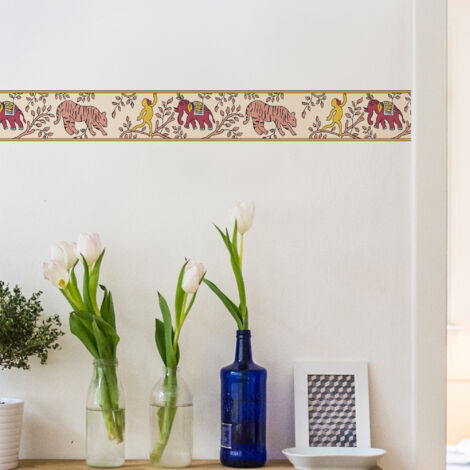 Frise décorative adhésive, jaipur rose, jaune, animaux, tigre, éléphant, 9 cm X 300 cm