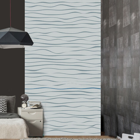 Papier peint intissé gris clair, vagues horizontales et trait bleu, 250x150cm - Déco murale panoramique pour salon, chambre, bureau, etc. (1/2)