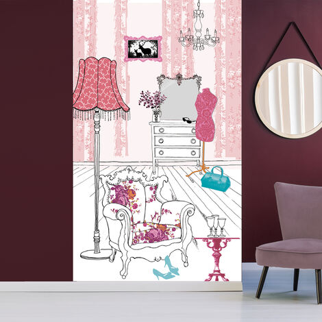 Papier peint intissé rose baroque, 250 cm X 150 cm, illustration déco mélange couleurs, salon, décoration intérieure. (1/2)