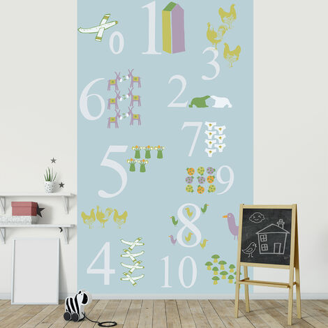 Papier peint intissé pour chambre d'enfant, 250 cm X 150 cm, chiffres blancs et animaux colorés sur fond bleu. Idéal pour décorer (1/2)