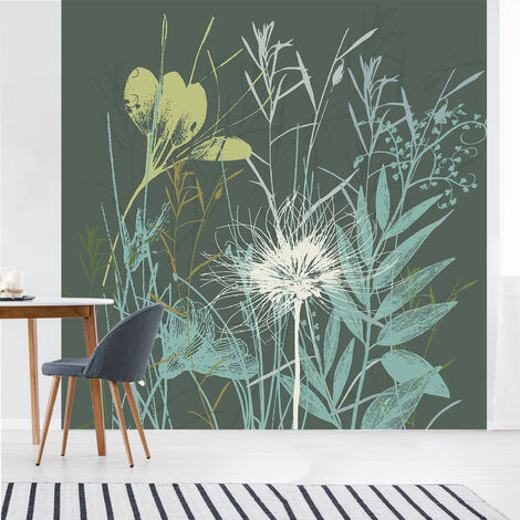 Papier peint intissé motif prairie, vert clair à foncé, 250 cm X 250 cm (1/2)