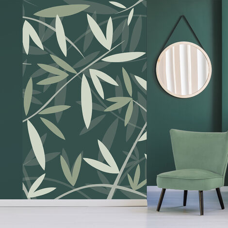 Papier peint intissé motif bambou vert, 250x150cm, fond vert foncé - Décoration murale intissée, motif bambou, vert, 250x150cm, fond vert foncé. (1/2)
