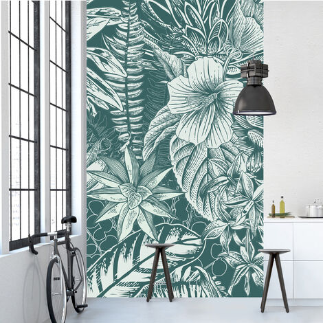 Papier peint intissé motif floral vert foncé, feuillages et fleurs de la jungle tropicale, 250 cm X 150 cm (1/2)