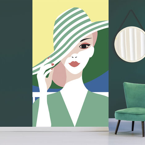 Papier peint intissé 250 cm X 150 cm, Vert Glamour, Ciel Jaune et Vue sur la Mer. Décoration Intérieure (1/2)