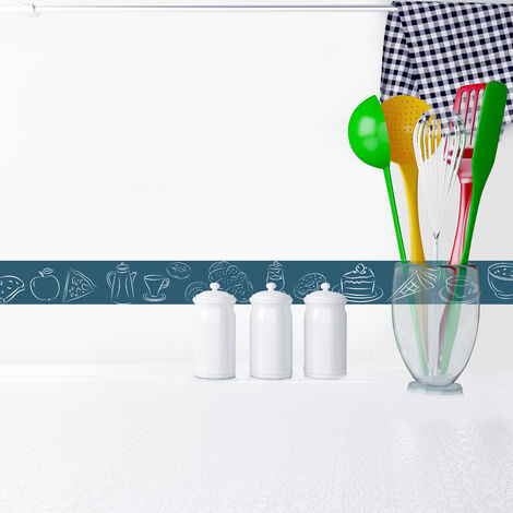 Frise Autocollante 5 cm X 300 cm - Décoration Murale Petit Déjeuner Azur avec Brioche et Glace Dessinée (1/2)