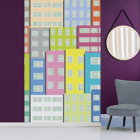 Papier peint intissé graphique 250 cm X 150 cm, illustration colorée d'immeubles panoramique pour décoration intérieure. (1/2)