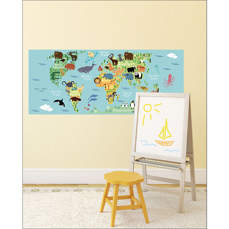 Autocollant décoratif carte du monde animaux, 50 cm X 120 cm, éducatif pour enfant, tout en couleur (1/2)