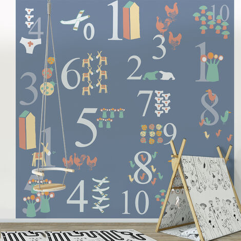 Papier peint intissé pour chambre d'enfant, apprendre à compter, animaux multicolores, fond bleu, 250 cm X 250 cm (1/2)