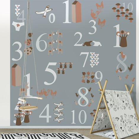 Papier peint intissé pour chambre d'enfant, apprendre à compter avec des chiffres et animaux, 250 cm X 250 cm, couleur marron et gris. (1/2)