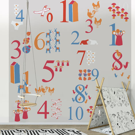 Papier peint intissé pour chambre d'enfant, apprendre à compter, animaux multicolores, fond gris, 250 cm X 250 cm (1/2)