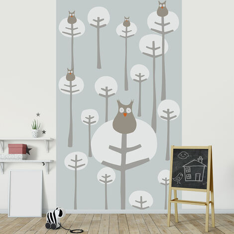 Papier peint intissé 250x150cm, Chouette forêt arbre, Gris clair, Chambre enfant. Déco murale pour enfants. (1/2)