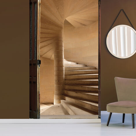 Papier peint intissé panoramique 250 cm X 150 cm, style forteresse, porte en bois ouvrant sur escalier en pierre. (1/2)