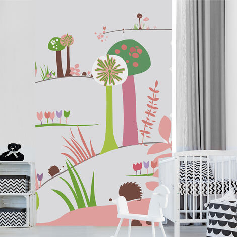 Papier peint intissé gris et rose, 250 cm X 150 cm, pour chambre d'enfant, thème animaux de la forêt, style champêtre. (1/2)