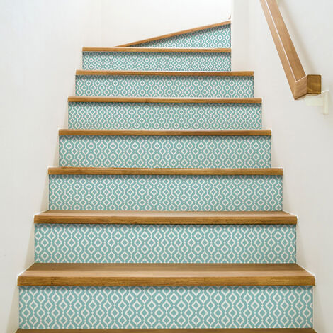 Lot de 3 Contremarches adhésives autocollantes Aqua Fastello, 19,5 x 100 cm, motif losange blanc sur fond vert eau. (1/2)
