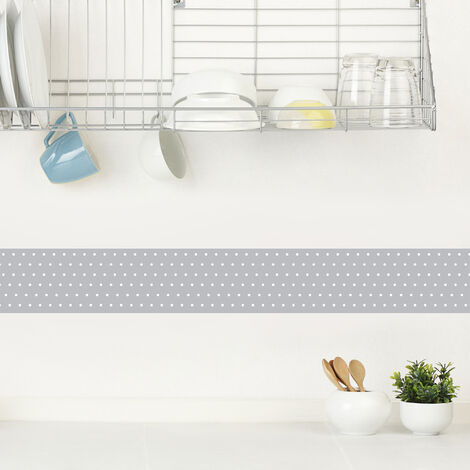 Frise adhésive autocollante 15 cm X 300 cm, motif pois blanc sur fond gris, décorative pour murs et meubles. (1/2)
