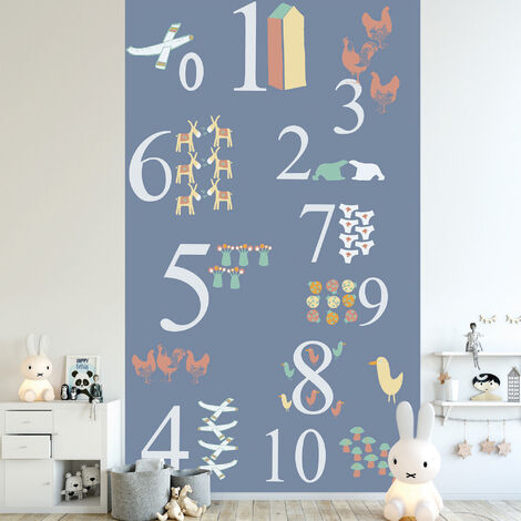 Papier peint intissé pour chambre d'enfant, 250 cm X 150 cm, motifs de chiffres et animaux multicolores sur fond bleu. (1/2)