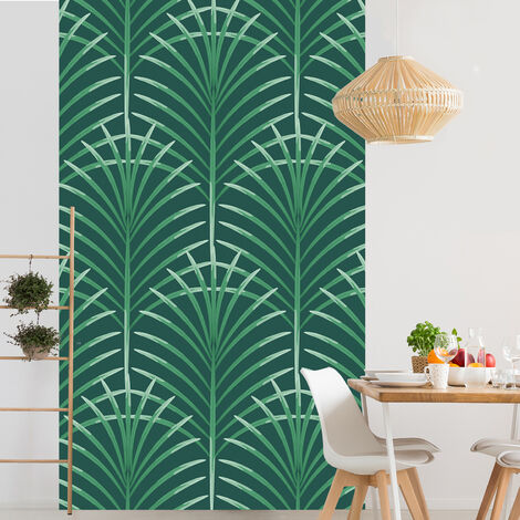Papier peint intissé vert foncé, motif art déco, 250 cm X 150 cm, feuilles vertes panoramiques, décor intissé, salon, chambre, bureau (1/2)