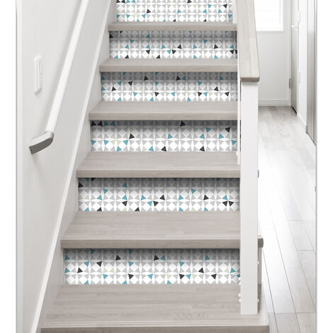 Contremarche Autocollante X3, Motif Géométrique Triangles Scandinave, 19,5 X 100 cm, Gris, Bleu et Noir, Amandola (1/2)
