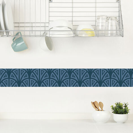 Frise adhésive autocollante Tromso Bleu, 15 cm X 300 cm, décoration murale eventail bleu géométrique, 150 cm