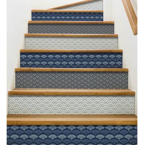 Lot de 3 Contremarches Autocollantes Oscata 19,5x100cm, Forme Géométrique Éventails Bleus et Blancs, Style Asiatique - (1/2)