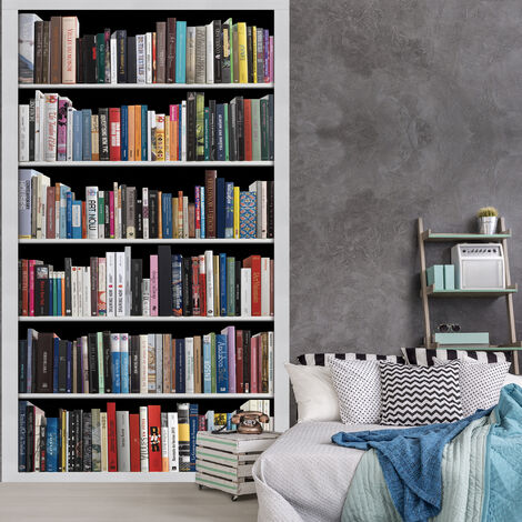 Papier peint intissé panoramique, photo d'une bibliothèque moderne remplie de livres, mélange de littérature, 250 cm X 150 cm (1/2)