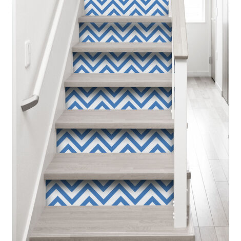 Contremarche adhésive autocollante, 3 pièces, 19,5 X 100 cm, motif chevrons bleus, lignes bleu et blanche - Décoration intérieure graphique et stylée (1/2)