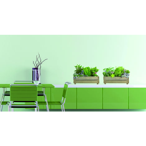 Sticker mural décoratif 68x48cm - Décoration murale avec photo de jardinière en bois et plantes vertes et potagées (1/2)