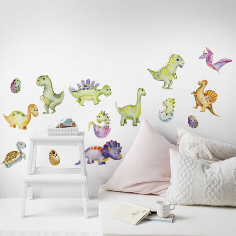 Sticker autocollant décoratif pour chambre d'enfant, 68 cm X 24 cm, style aquarel, dinosaures rigolos et joyeux. (1/2)